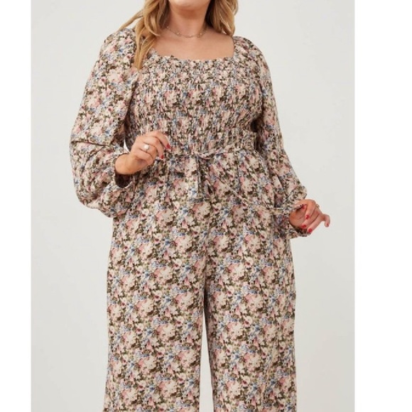 Hayden Floral Print Smocked Puff Sleeve Jumpsuit In Olive Mix. Sz 1X & 3X. - Picture 2 of 11